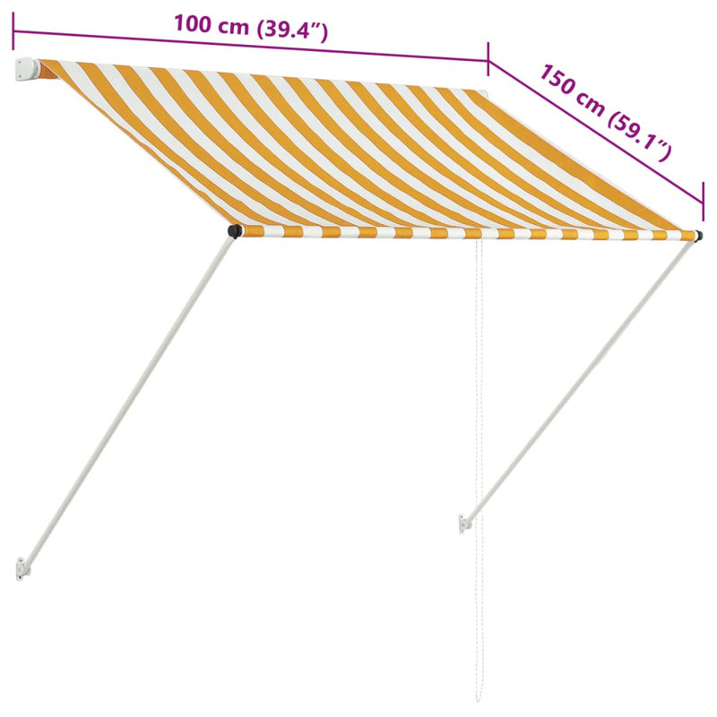 Vidaxl Retractable Awning 39.4X59.1", White/Yellow, Striped