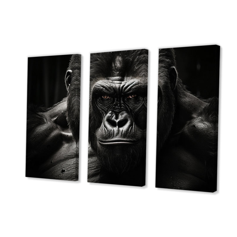 «Gorilla Majestic II» noir et blanc sur toile, 3 pièces, H 28 po x l 36 po x P 1 po