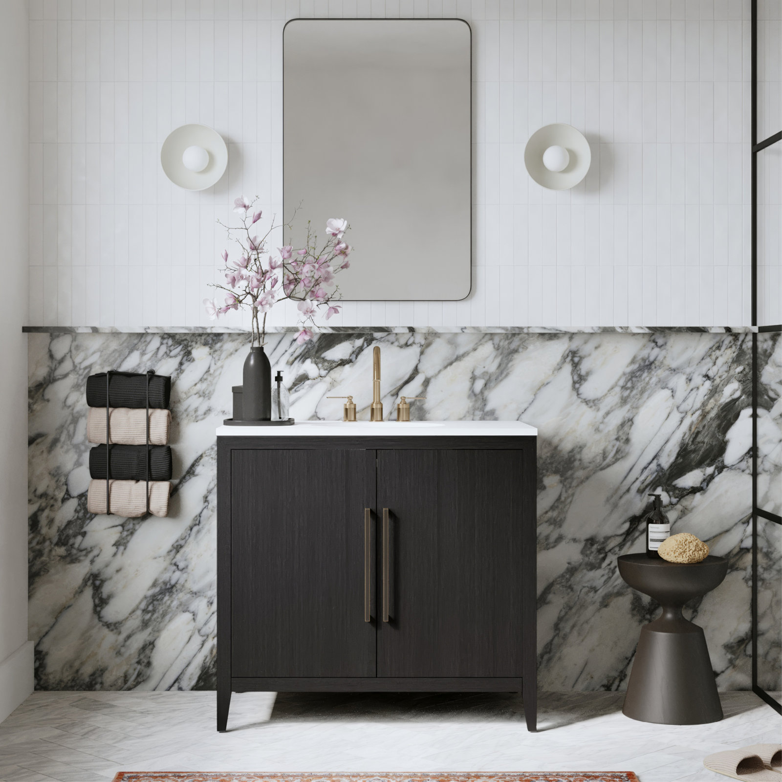 Alsup 30" Acacia Single Bathroom Vanity, Carrara Marble, Wire Brushed Dark Oak