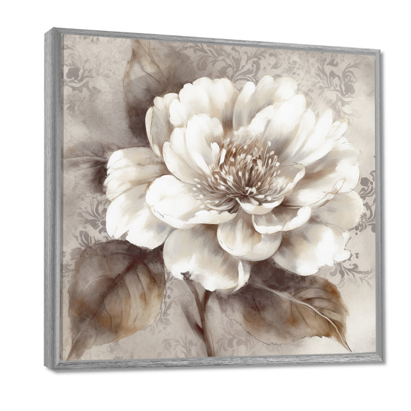 Pivoines grises sur branche III - pivoines, art mural sur toile, H 24 po x l 24 po x P 1 po, Encadrement argenté