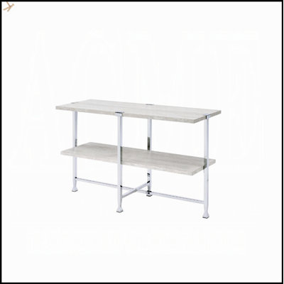 Table de canapé contemporaine avec tablette spacieuse, finition chêne blanc, plateau en bois, structure en métal chromé pour les salons modernes