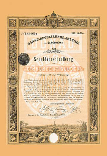 « donau-regulirongs-anleihe schuldverschriebung », impression, H 42 po x l 28 po x P 1,5 po