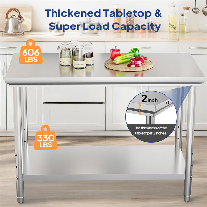 Silver Stainless Steel Kitchen Prep Table with Adjustable Undershelf and Hooks