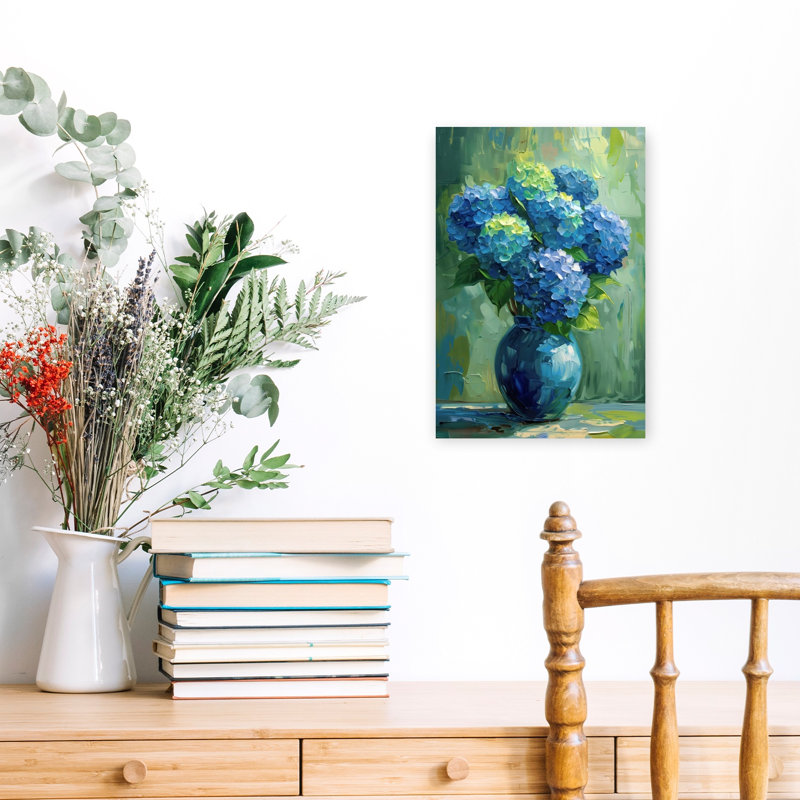 Bleu sarcelle, hydrangées abstraites, hortensias contemporains audacieux, nature, art mural