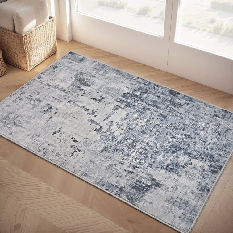Abstract Machine Washable Blue No-Skid Area Rug