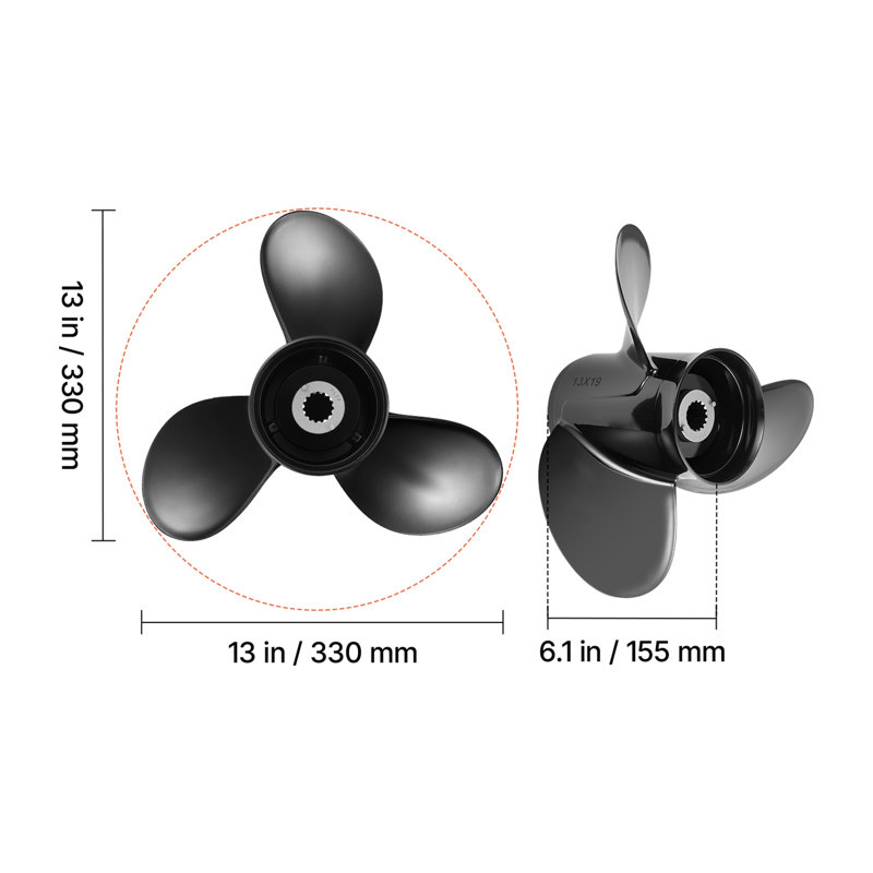 Hélice extérieure en aluminium pour mercure 40-140 HP, 13 po de diamètre x 19 po, 15 cannelures, rotation à droite, noir