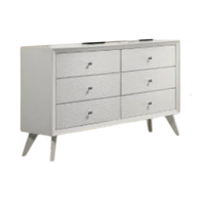 Tory Wide Dresser, 6 Drawers W Bronze Knobs, Textured White Wood