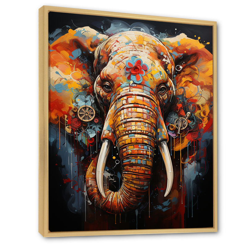 «Urban Graffiti Pachyderms I» sur toile, Cadre naturel flottant, H 40 po x l 30 po x P 1,5 po