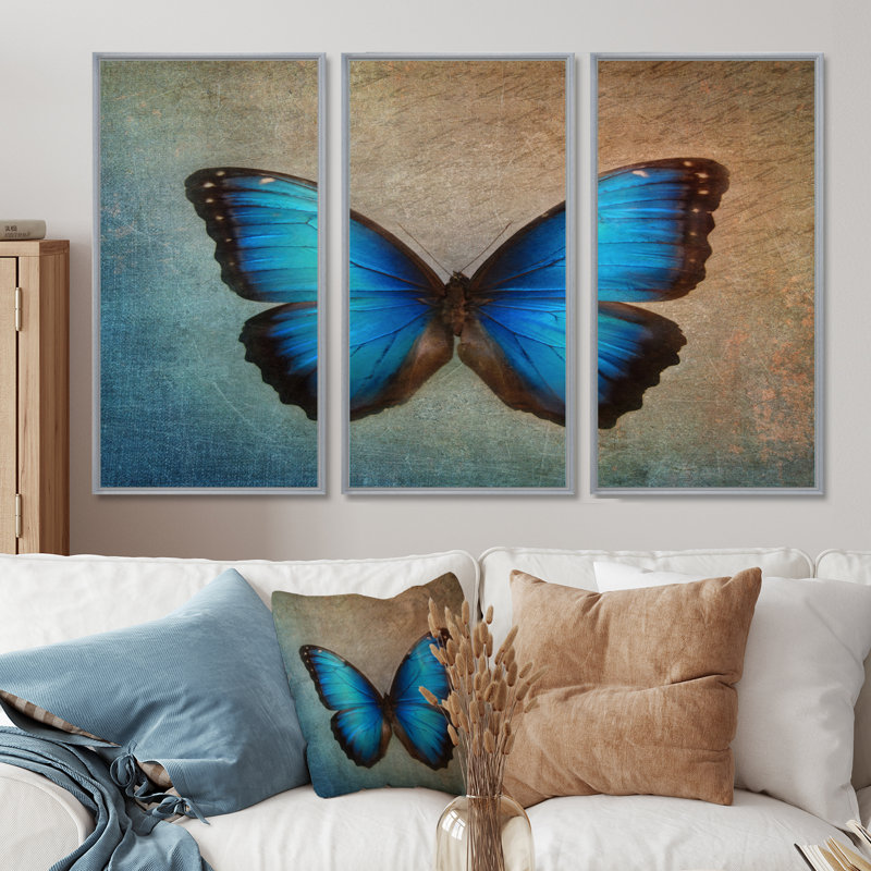 «Blue Vintage Butterfly», ensemble d'art mural sur toile à motif floral, H 28 po x l 36 po, Argent argent