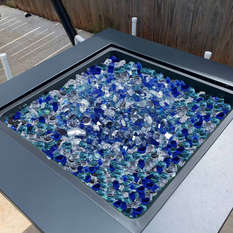 Roches de foyer en verre 10 po pour foyer d'extérieur 10 lb, H 3,86 po x l 10,98 po x P 9,13 po, Bleu / Transparent