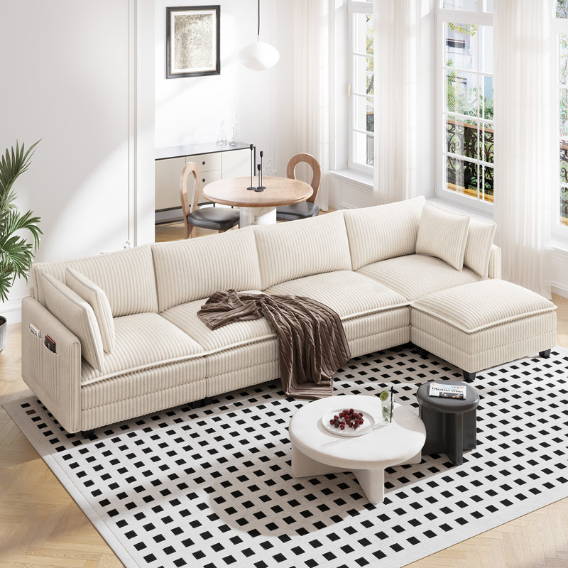 Canapé modulaire en L 143 po avec 1 repose-pieds Cloud, Velours côtelé beige