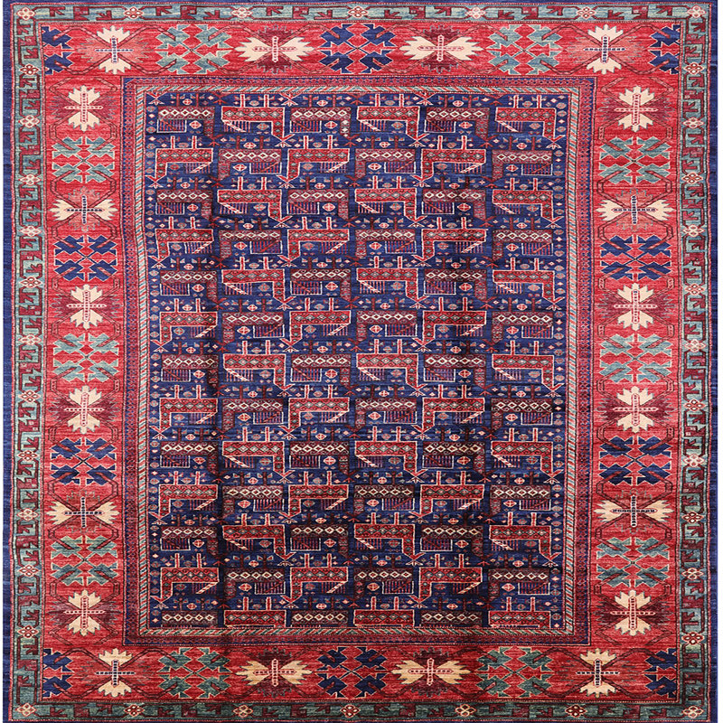 Tapis géométrique rouge / bleu / beige, Carré 4 pi
