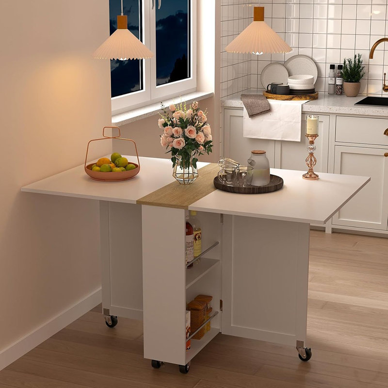 Foldable Drop-Leaf Dining Table With Storage & Wheels – White/Oak