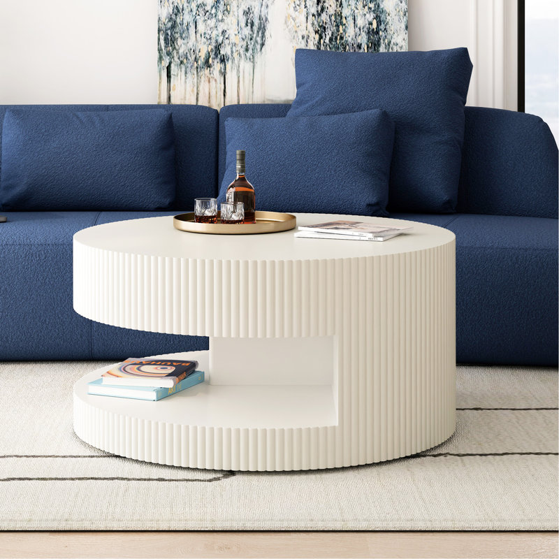 Table basse ronde de 31,5 po, table de salon et de chambre à coucher blanche moderne, avec rangement, rayures verticales et blanc fiable, aucun assemblage requis. Rangement central pour la chambre à coucher. Stripe Enigma. 110 lb