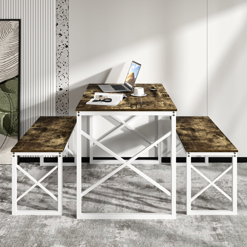 Aithan 3-Piece 43.3 Inch Dark Brown Dining Table Set with Benches, Rustic Kitchen Table Set for Small Spaces, Modern Farmhouse Dining Set with Bench for Kitchen & Dining Room