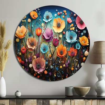 Colorful Wildflowers Whimsical Blooms - Floral Round Metal Art