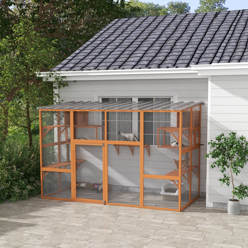 Large Orange Wooden Outdoor Cat House with Weather Protection Roof