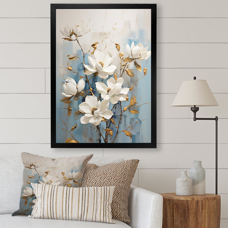 «Magnolias Blossom» blanc et bleu sur toile, Cadre simple noir, H 32 po x l 16 po x P 1 po