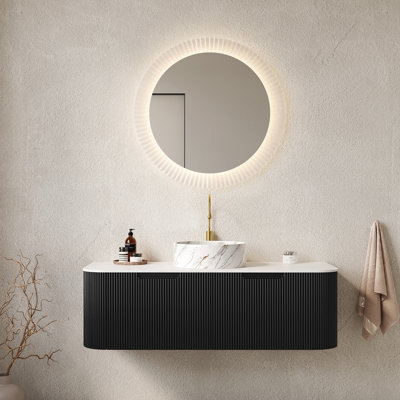 Meuble-lavabo mural 48 po avec lavabo en céramique blanc, motif de pierre et 2 tiroirs, pré-assemblé en noir