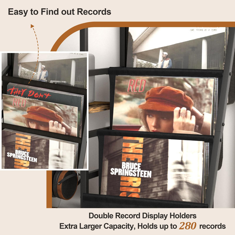 Large Capacity Black Vinyl Record Player Stand With Double Storage And Display Shelves
