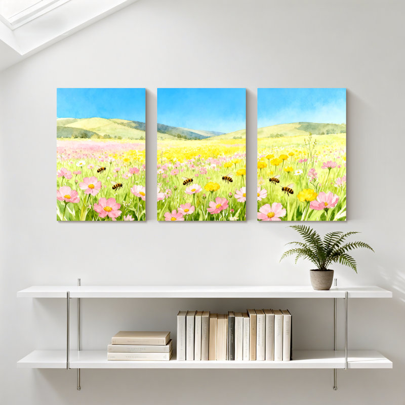 Paysage et nature champ de fleurs avec abeilles et montagnes, ensemble de 3 impressions sur toile, H 18 po x l 36 po