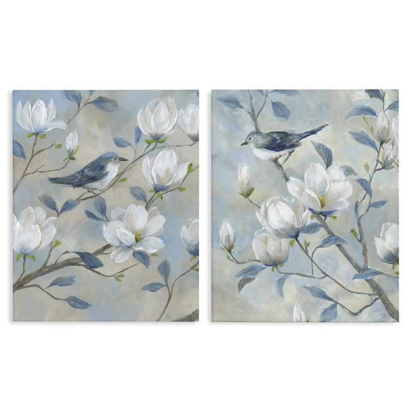 «Blue Birds in Magnolia Tree», ensemble de 2 toiles, par Nan, H 20 po x l 16 po
