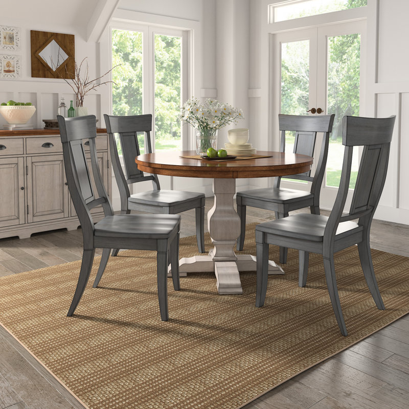 Lumley 45" Round Solid Wood Oak Finish Top 5-Piece Dining Set With Panel Back Chairs, White, Gray