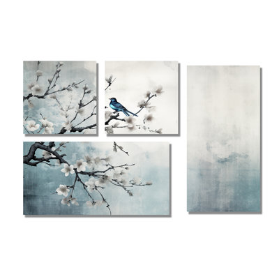 «Asian Art Sumi Bird Serenity», reproduction d'art sur toile 4 pièces