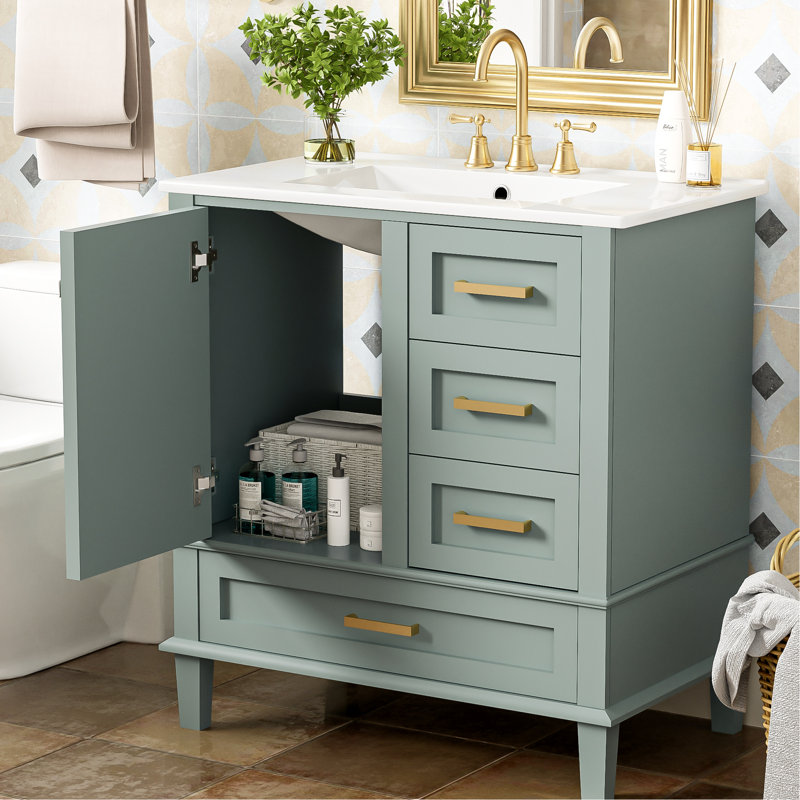 Meuble-lavabo de 30 po: rangement spacieux avec 3 tiroirs et 1 porte à fermeture en douceur, fabrication en bois massif, lavabo en céramique pour un entretien facile du meuble-lavabo moderne, tiroirs, fonction de fermeture, comptoir blanc,