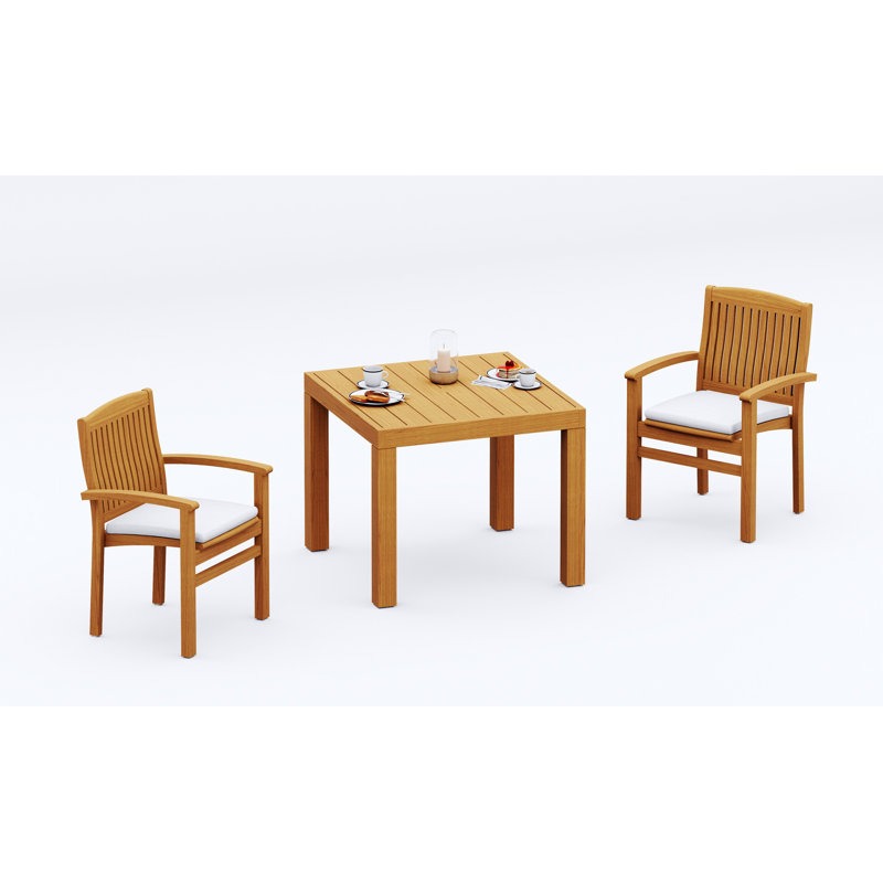 2 Seats 3 Pcs Grade-A Teak Wood Dining Set: 36" Square Table And 2 Wave Stacking Arm Chairs #11WV0802, 2