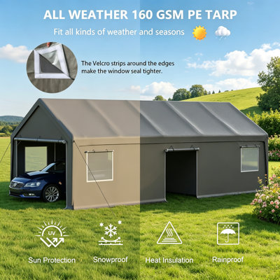 13 x 26 FT Heavy-Duty Carport Canopy, Portable Garage Shelter with 2 Roll-Up Doors, Side Door, Removable End Walls & Windows, All-Weather Outdoor Cover for Car, Truck