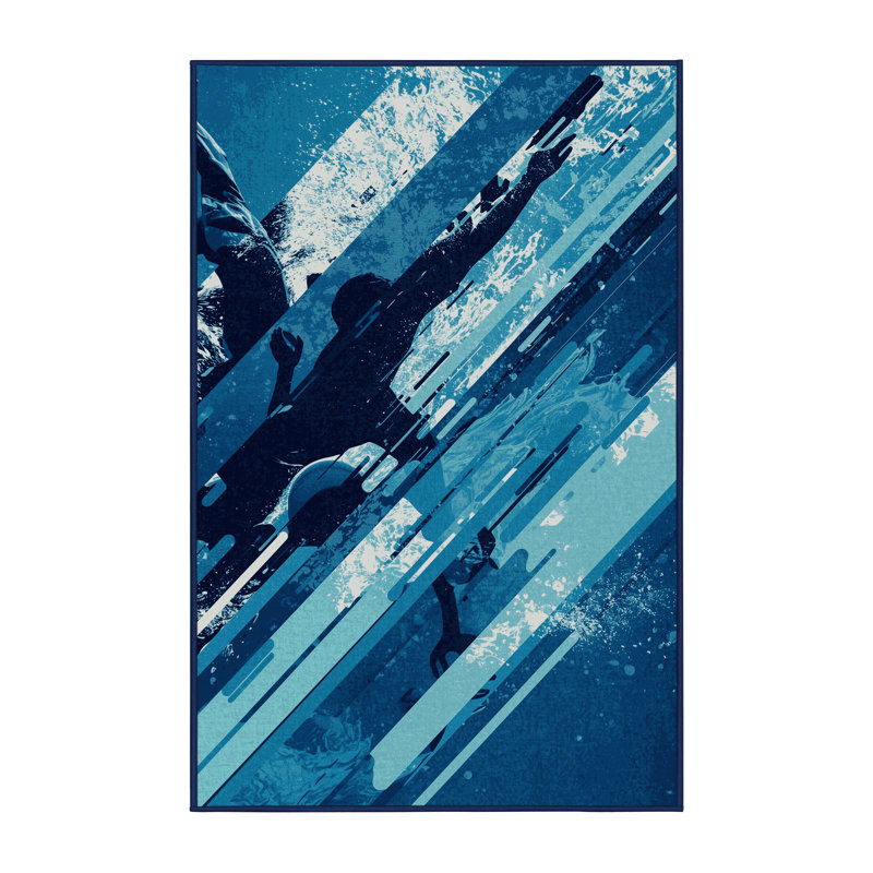 Machine Washable Aguilar Water Polo Action Modern Rug in Blue – Navy Binding, 7x10