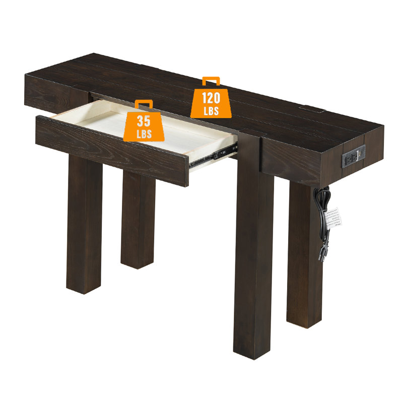 Table d'entrée en bois massif épais avec ports de chargement et tiroir de rangement caché | Style minimaliste intemporel