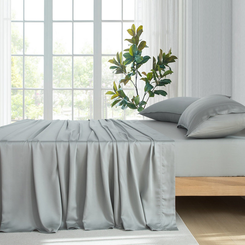 Rayon From Bamboo Sheet Set 400TC Sateen Bedding with Deep Pocket Fitted Sheet, Gray, Queen