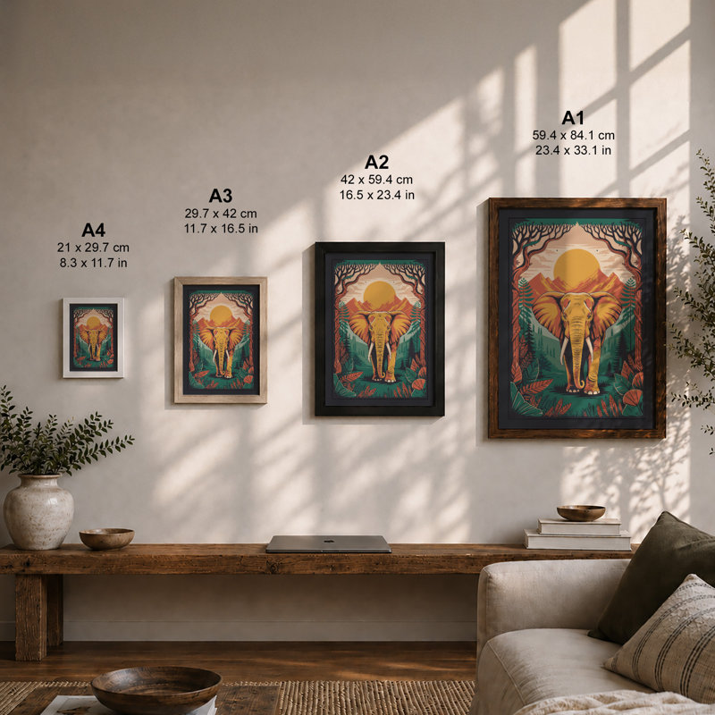 Elephant Beneath Golden Sun Boho 1 Piece Single Picture Frame Wall Art, A3 - 42.0 x 29.7 cm, Walnut