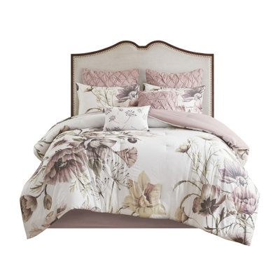 8 Piece Cotton Printed Comforter - Blush King With Filling Elegant Floral Design And