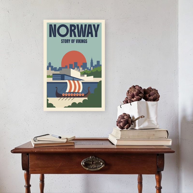 Norway Viking Ship Cityscape Modern Retro Abstract Architecture City Wall Art Print 1 Piece Wrapped Canvas Wall Art