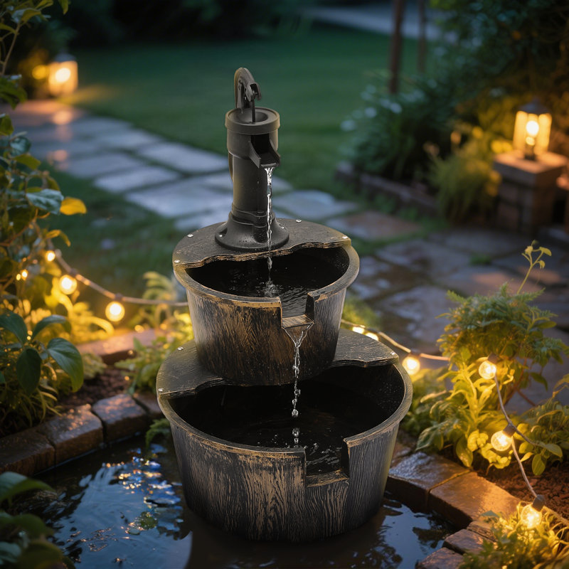 Jackielynn 27" Barrel and Pump Fountain Outdoor, Cascading Waterfall Fountain with Recirculating Pump, Brown/Black