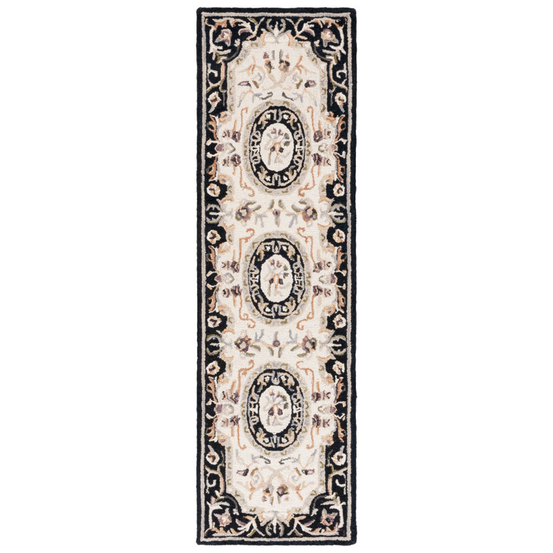 Savonnerie Hand Tufted Wool/Cotton Floral Rug in Black/Ivory/Ivory/Black, Runner 2'3" x 8'