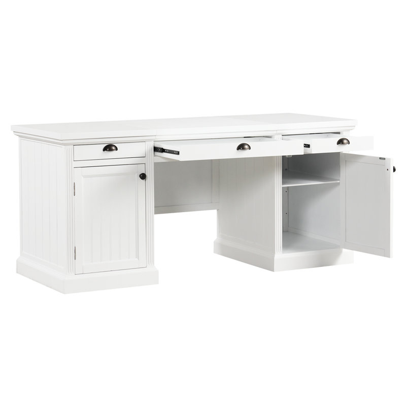 67'' Home Office Writing Table With Storage, White. 2 Cabinets, 3 Drawers. Spacious Work Area For Living Room, Study. Solid Wood & . Modern Style. Silent Drawer Rails. Adjustable Shelves Desk Back,
