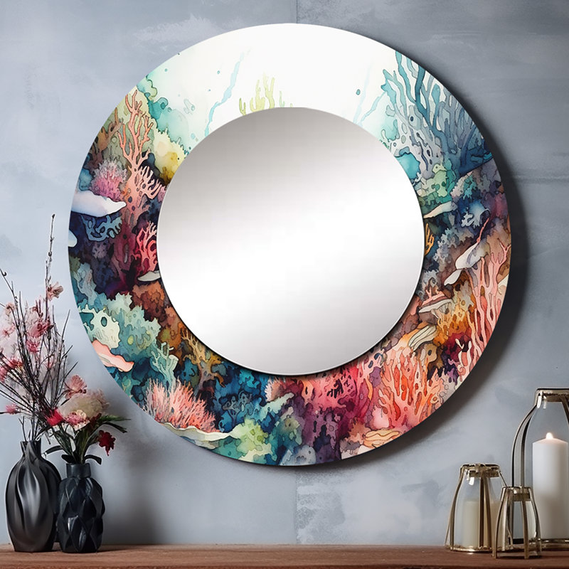 Grohs Vibrant Coral Reef III - Beach Decorative Wall Mirror, Orange Round Mirror, Printed Metal Art, 29" x 29"