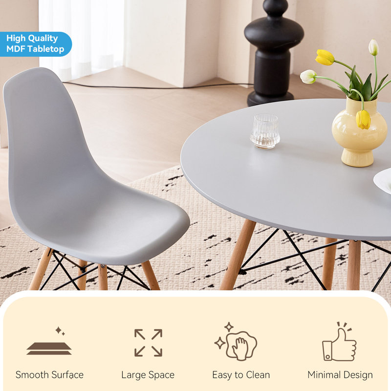 5-Piece Round Dining Table Set for 4, 31.5” Kitchen Table with Chairs, Solid Wood Legs, Plastic Seats, Gray, Gray, Gray