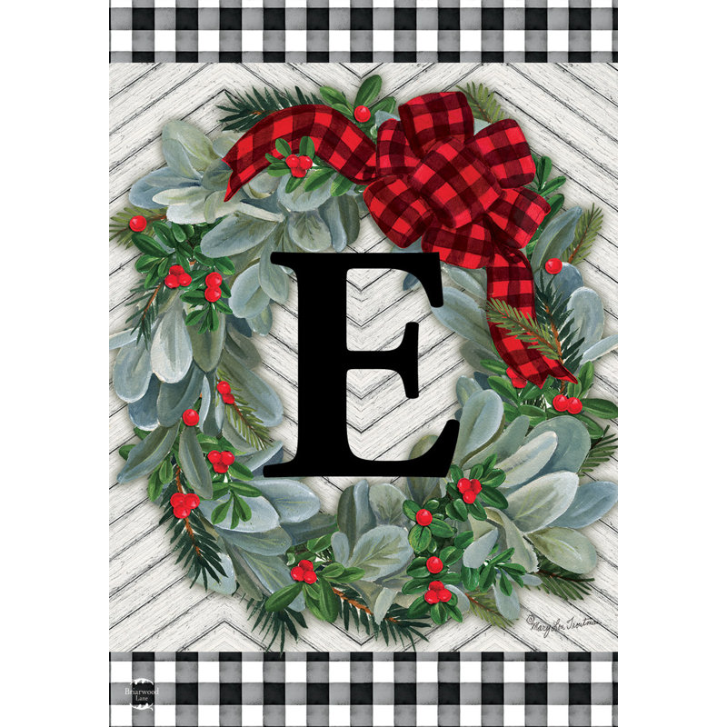 Winter Wreath Monogram Letter E Garden Flag
