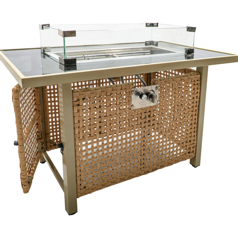 Table de feu de terrasse rectangulaire de 43 po, gaz propane 60000, tissage ouvert, pare-vent en verre pour patio extérieur - table de fosse orange et jaune moutarde avec pierres bleues,
