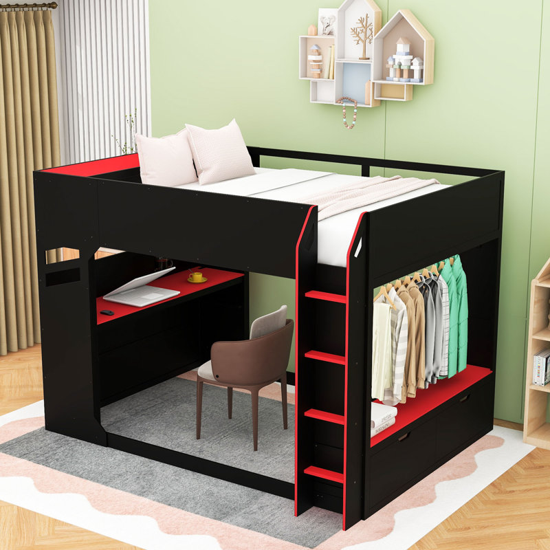 Full Wood Loft Bed With Height-Adjustable Desk, 2 Drawers, Storage Compartments, And RGB Lights, Red