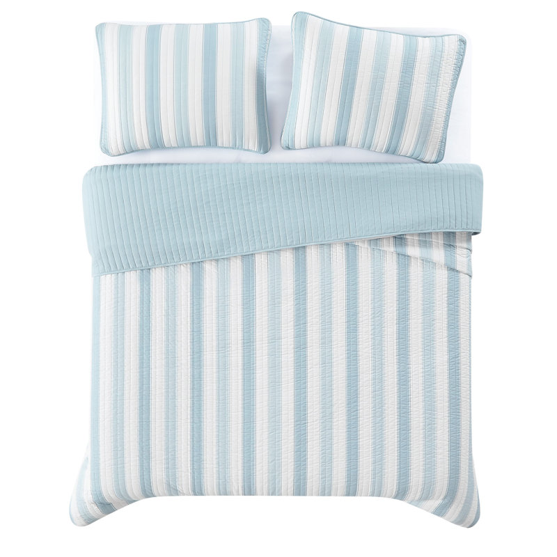 Ensemble d'édredon en polyester Aiden, Blanc / bleu, Courtepointe pour grand lit + 2 taies décoratives