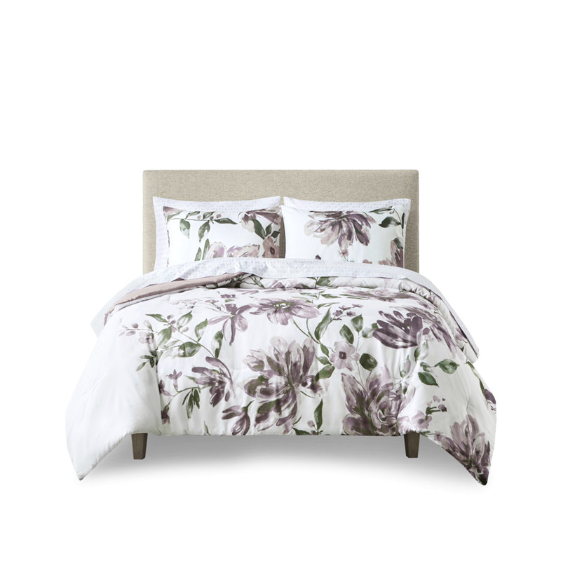 Édredon simple avec taies florales mauves et grises, Édredon lit simple + 6 pièces incluses