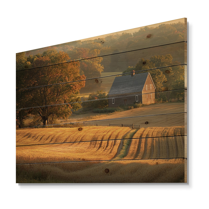 «Golden Hour» à la campagne IV - Décoration murale campagne en bois - sur bois de pin naturel, H 34 po x l 44 po x P 0,78 po