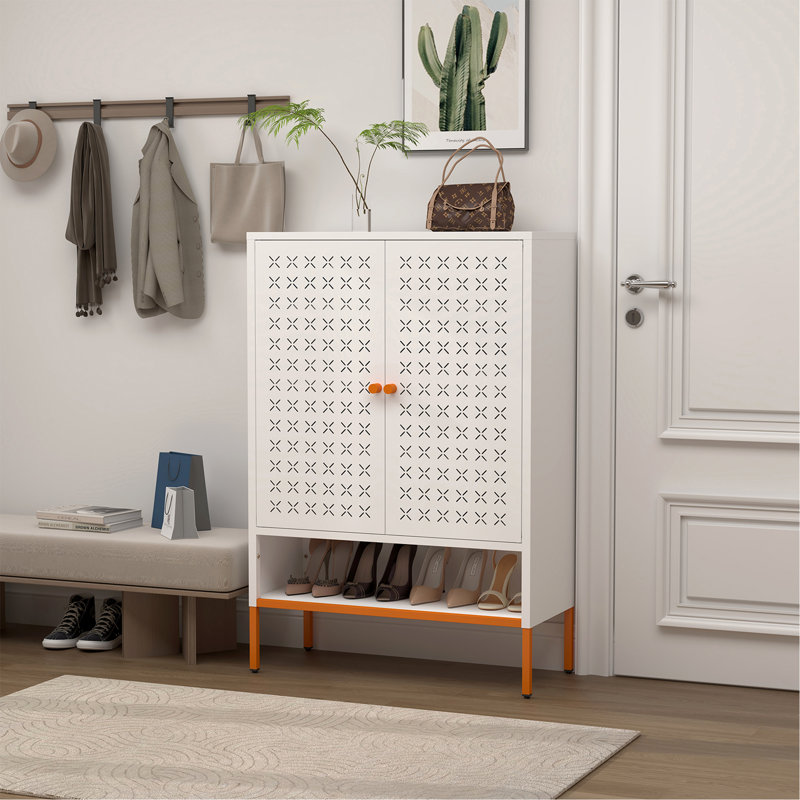 Armoire à chaussures à double porte Grid, trois compartiments réglables pour un rangement flexible, compartiment à langer creux suspendu, conception inférieure à 15 cm résistante à l'humidité