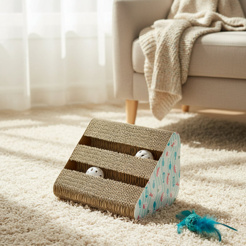Centre d'activités à grattoir à trois côtés, avec des motifs amusants de poissons et de sushi, durables et pratiques, permettant aux chats de jouer à leur guise.